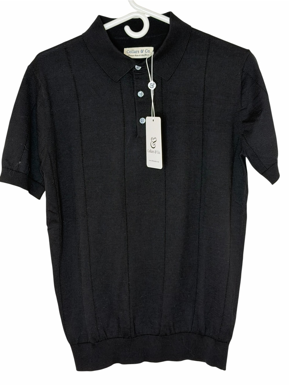 NWT Collars & Co. Black Maranello Cotton Silk Retro Stripe Polo Medium